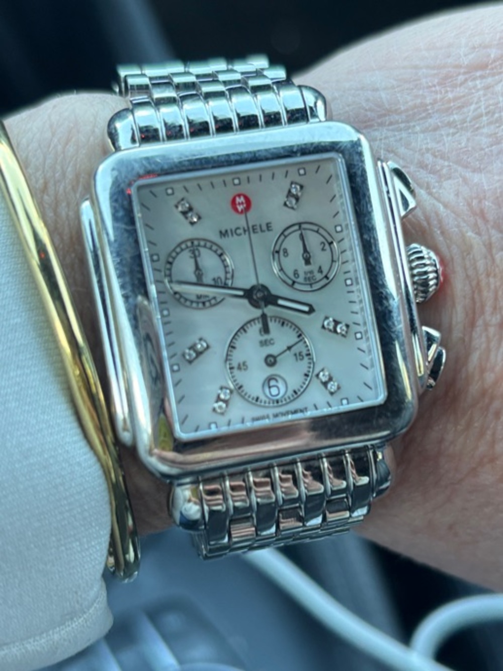 Michele Silver Stainless Steel Square Chronograph Watch